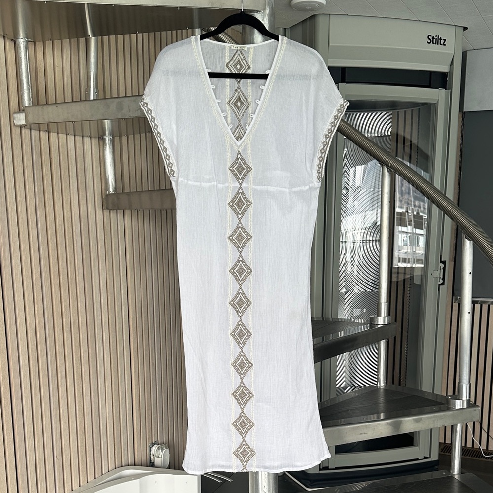 Vitamin A White Maxi Dress Cover-Up with Beige Embroidery